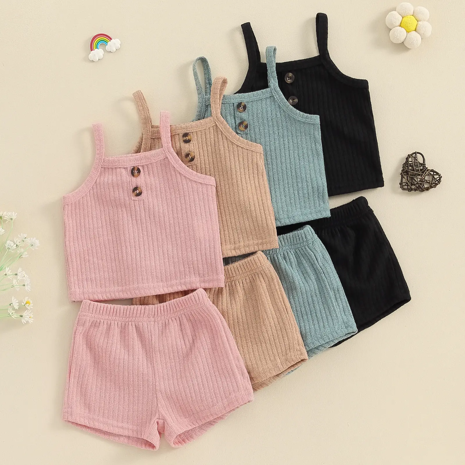 Toddler Baby Girl Summer Clothes Ribbed Sleeveless Button Front Cami Tops and Shorts Infant Outfits Set