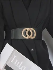 1 Piece Women's Double Ring Metal Buckle Belt, Symmetrical Buckle Belt, Fashion Solid Color Elastic Belt For Girl, Wide Belt For Women