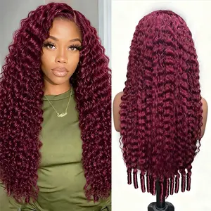 99j# Burgundy Burmese Curly Wigs Human Hair Pre Plucked Pre Cut 200% Density Drawstring Wig Human Hair 13x6 HD Lace Front Wigs Human Hair for Black Women Wig  30inch