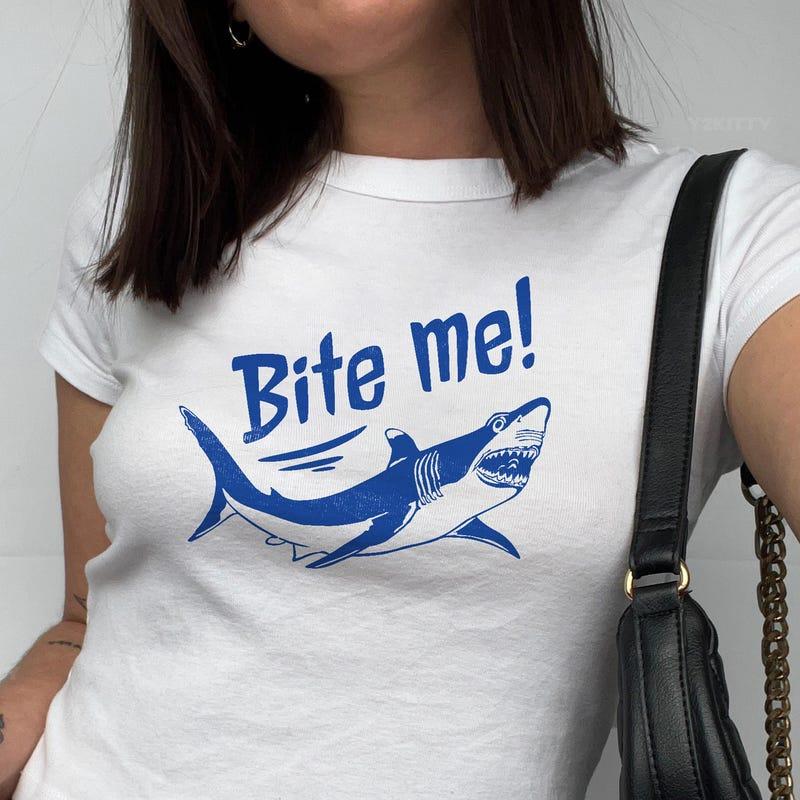 Bite Me Shark Baby Tee | Funny Y2K Baby Tee, Cute Summer Top, Beachy Shirt, Trendy Crop Top, Ocean Aesthetic Graphic Baby Tee