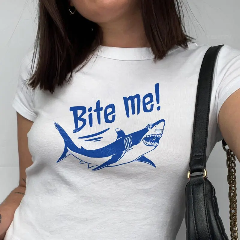Bite Me Shark Baby Tee | Funny Y2K Baby Tee, Cute Summer Top, Beachy Shirt, Trendy Crop Top, Ocean Aesthetic Graphic Baby Tee