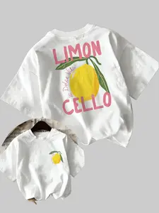 100% Cotton Women's Lemon & Letter Print Round Neck Tee, Fashion Casual Short Sleeve T-shirt for Daily Wear, Ladies Clothes for All Seasons