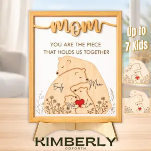 Personalized Bear Family Puzzle Wood Sign Custom Name, Mother's Day Gift For Moms, Home Decor Wood Art, Wedding Anniversary Gifts, Mama Bear Hug