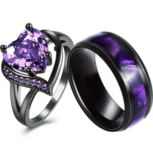 Fashion Purple Heart Shaped Couple Rings - Romantic Heart Design Rings for Wedding and Engagement - Valentine Jewelry Gifts