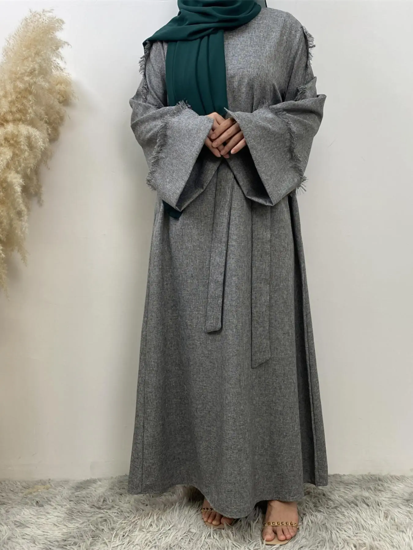 Women's Solid Color Tassel Trim Open Front Abaya, Modest Fashion Casual Long Sleeve Round Neck Dress for Daily Outdoor Wear, Women's Islamic Clothing