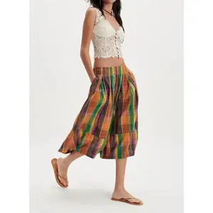 Summer Boho Wide Leg Culotte Pants for Women Casual Loose Elastic Waisted Palazzo Trousers Plaid Capris with Pockets