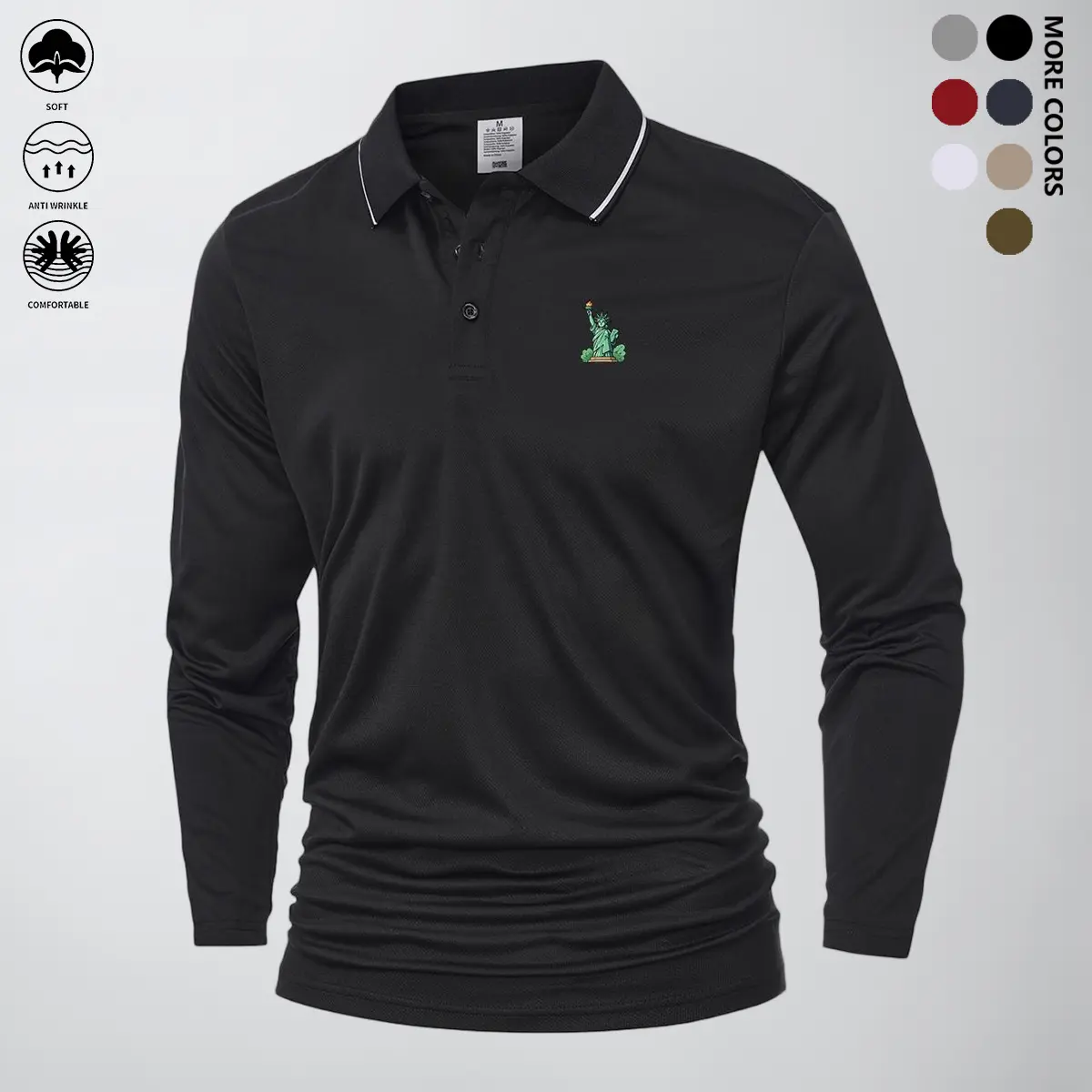 Men's Polyester Long-Sleeve Polo Shirt - Spring & Autumn, Turn Down Collar, Chest Print, Buttoned, Casual Street Style, Machine Washable, Multi-Color, Ideal for Everyday Wear & Outings