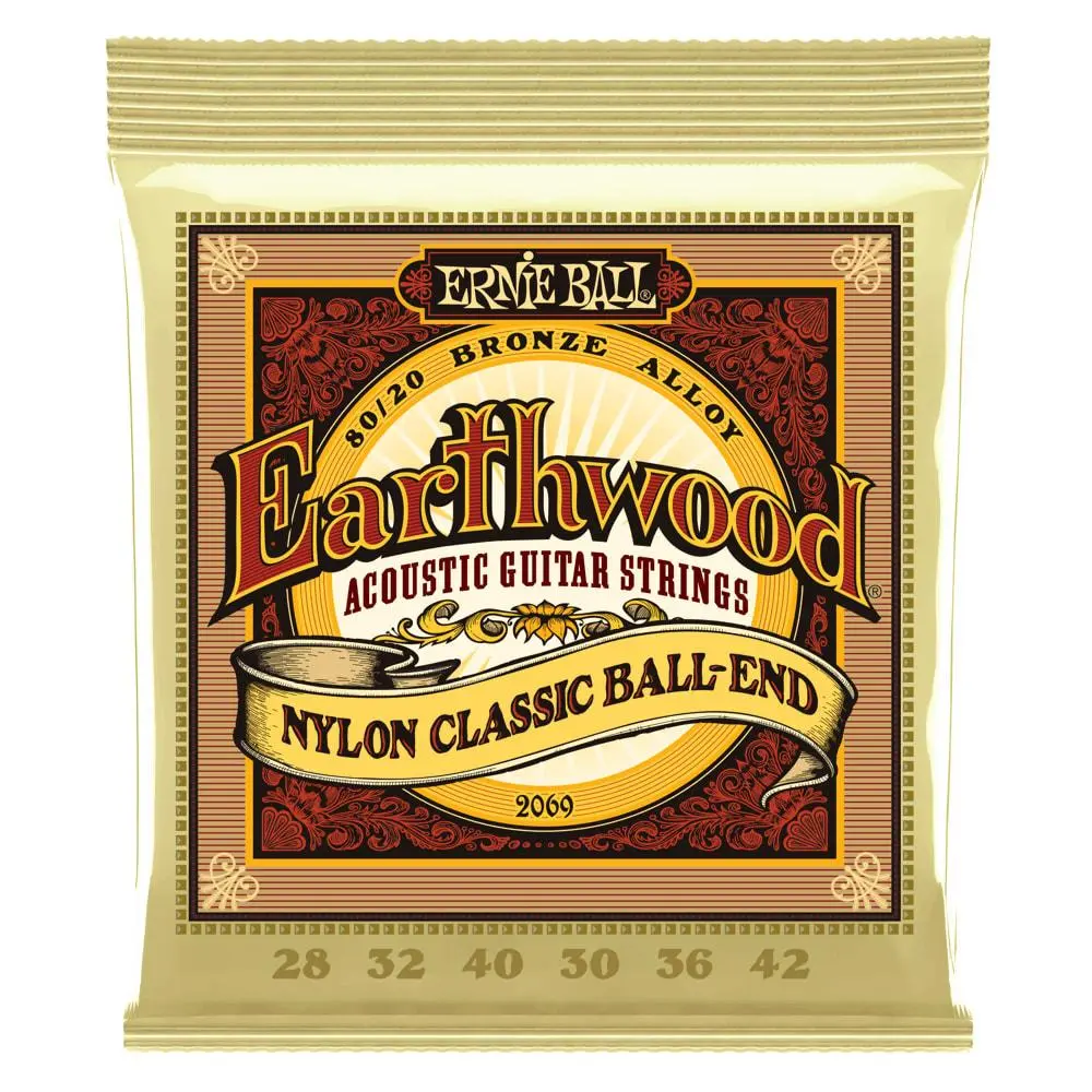 Ernie Ball Earthwood Nylon Classical Acoustic Guitar Strings - 20-42 Gauge, 80/20 Bronze Wrapped, Plain, Ball Ends, Percussive Attack, Rich Pure Treble Tones for Versatile Use