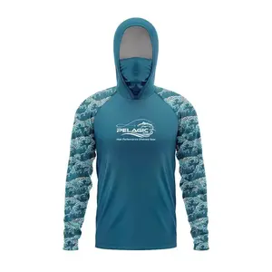 Men's Hooded Fishing Shirt with Built-in Face Mask, Long Sleeve Sun Protection Quick Dry Rash Guard, Ocean Print Raglan Sleeve Outdoor UV Protection Shirt for Boating Surfing Hiking