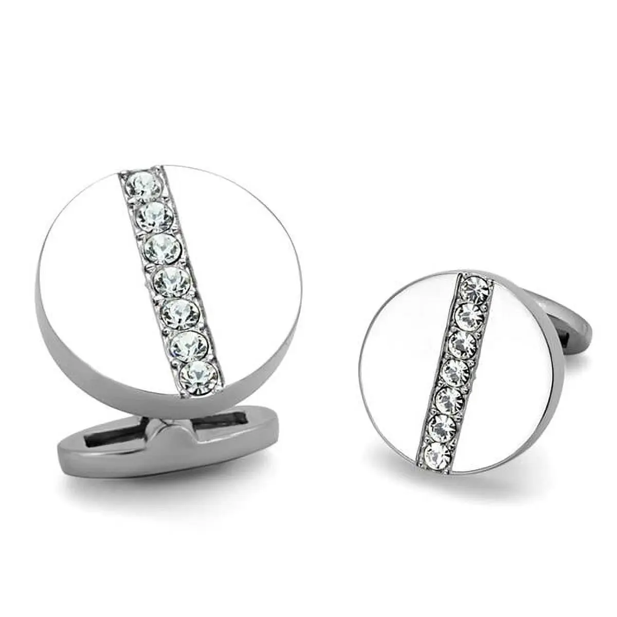 Men High Polished Stainless Steel Cufflink with Top Grade Crystal in Clear
