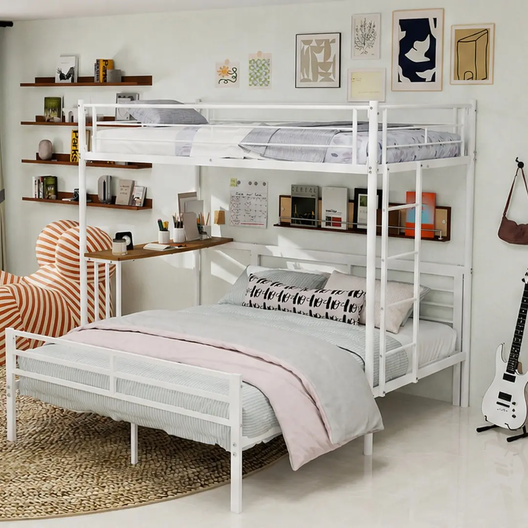 ARCH Twin Over Full Metal Bunk Bed - White Iron Frame, Built-in Desk & Staircase, Guardrail, No Box Spring Needed, Heavy-Duty Steel Construction, American Design, Apartment Bed Frame, Space-Saving Kids/Teens Furniture, Full Size Options, 76x77.5x65in, Bed