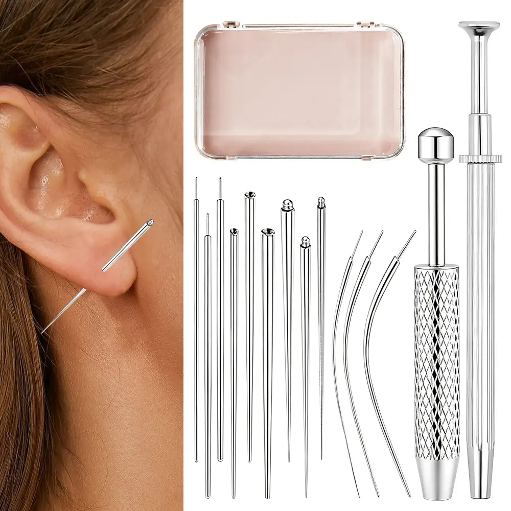 14 piece stainless steel earring helper tool kit, including guide needle, clamping tool, and storage box, suitable for ear studs, lip studs, nose studs, and quick wear