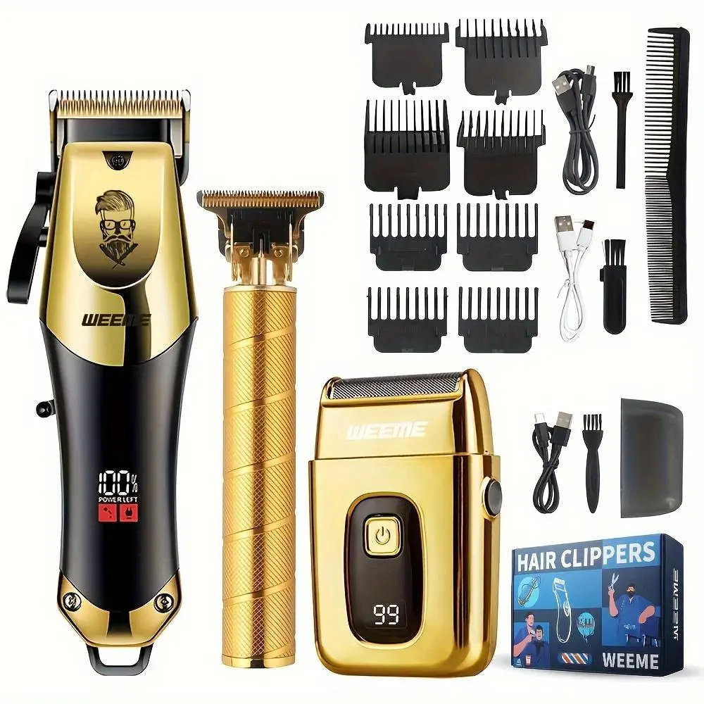 3-Piece Professional Blonde Hair Clipper & Trimmer Kit for Men - USB-Rechargeable Barber Set Featuring LCD Display, Adjustable Blade Hair Clippers, an