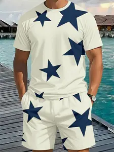 Navy Blue Star Casual Men's 3D Digital Print Two-Piece Set, 2Pcs, Trendy Fashion Suit, Trendy Retro Casual Two-Piece Set, Vacation Style Tropical Trendy Outfit, Breathable Sports Casual Style, Perfect Holiday Gift for Men
