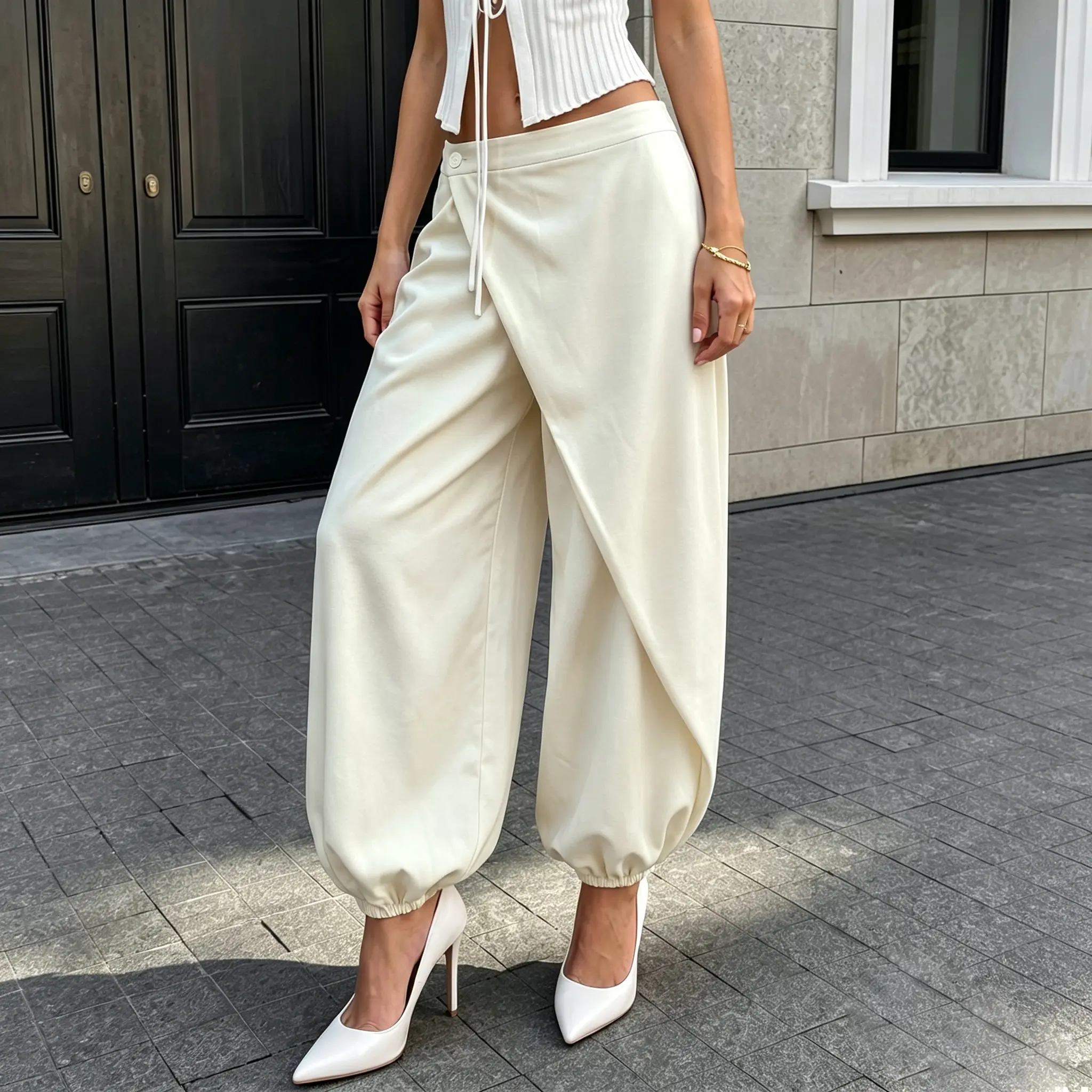 Women's Spring/Autumn Suit Pants, Smooth Wrap Fabric, Low-Rise, Crossover Slant Placket, Cuffed Legs, Asymmetric Layered Design, Loose Flared Lantern Fit, Drapey Figure-Flattering Casual Commuting Trousers