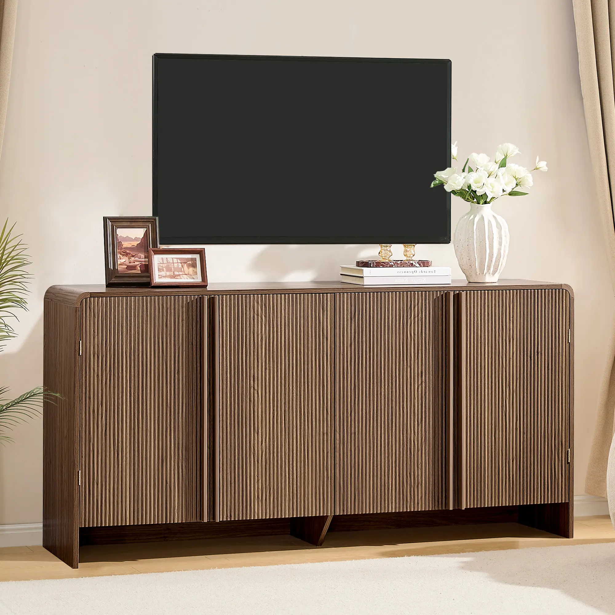 AMERLIFE Fluted Buffet Cabinet with Storage, Modern Sideboard Cabinet with Doors & Adjustable Shelf, Console Table & Credenza for Living Room, Dining Room & Entryway