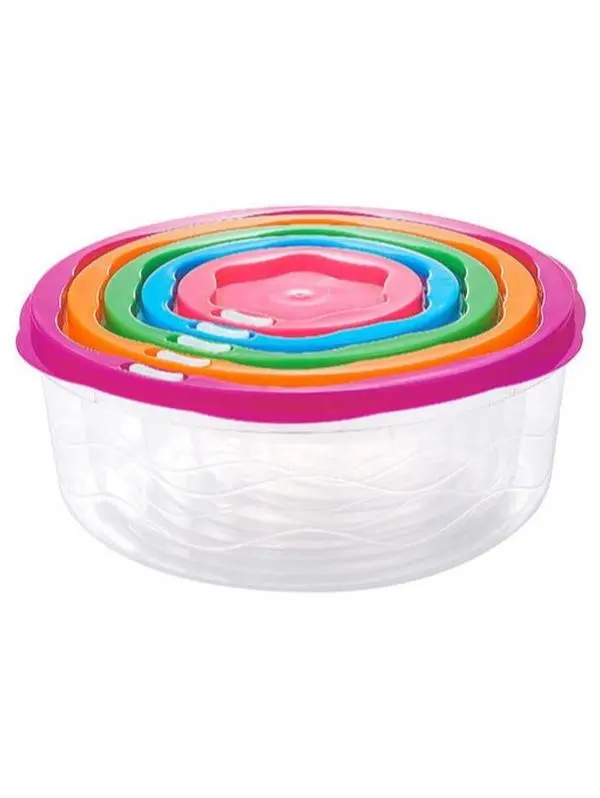 5-Piece Round Reusable Microwave-Safe Plastic Food Storage Set, Stackable Airtight Space-Saving Kitchen Containers with Colorful Snap-On Lids, BPA-Free Meal Prep Solution, Reusable Containers