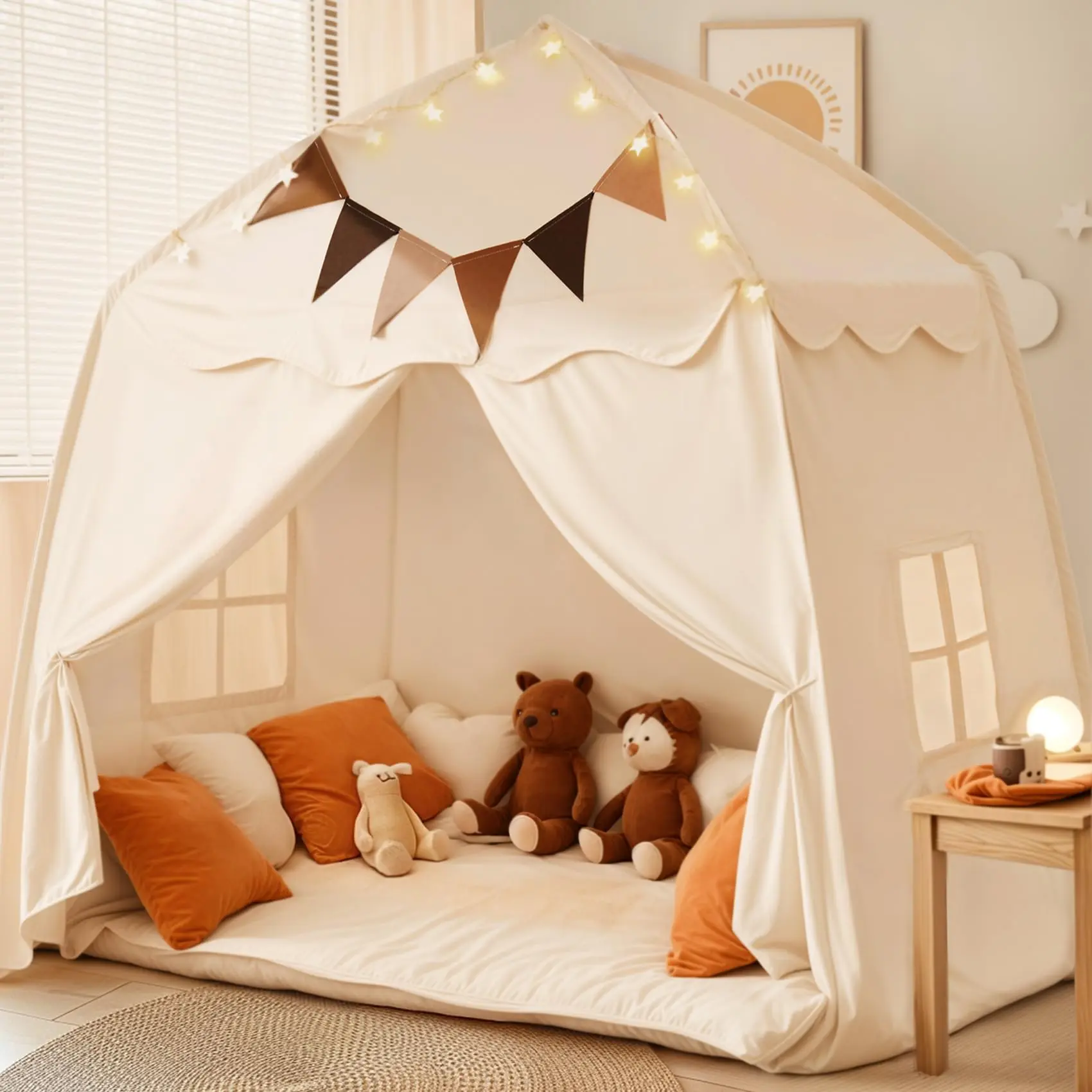 Extra Large Play Tent With Flags & Star Lights  Portable Foldable Teepee Indoor Outdoor Dome Playhouse 59x39x59 In Cream