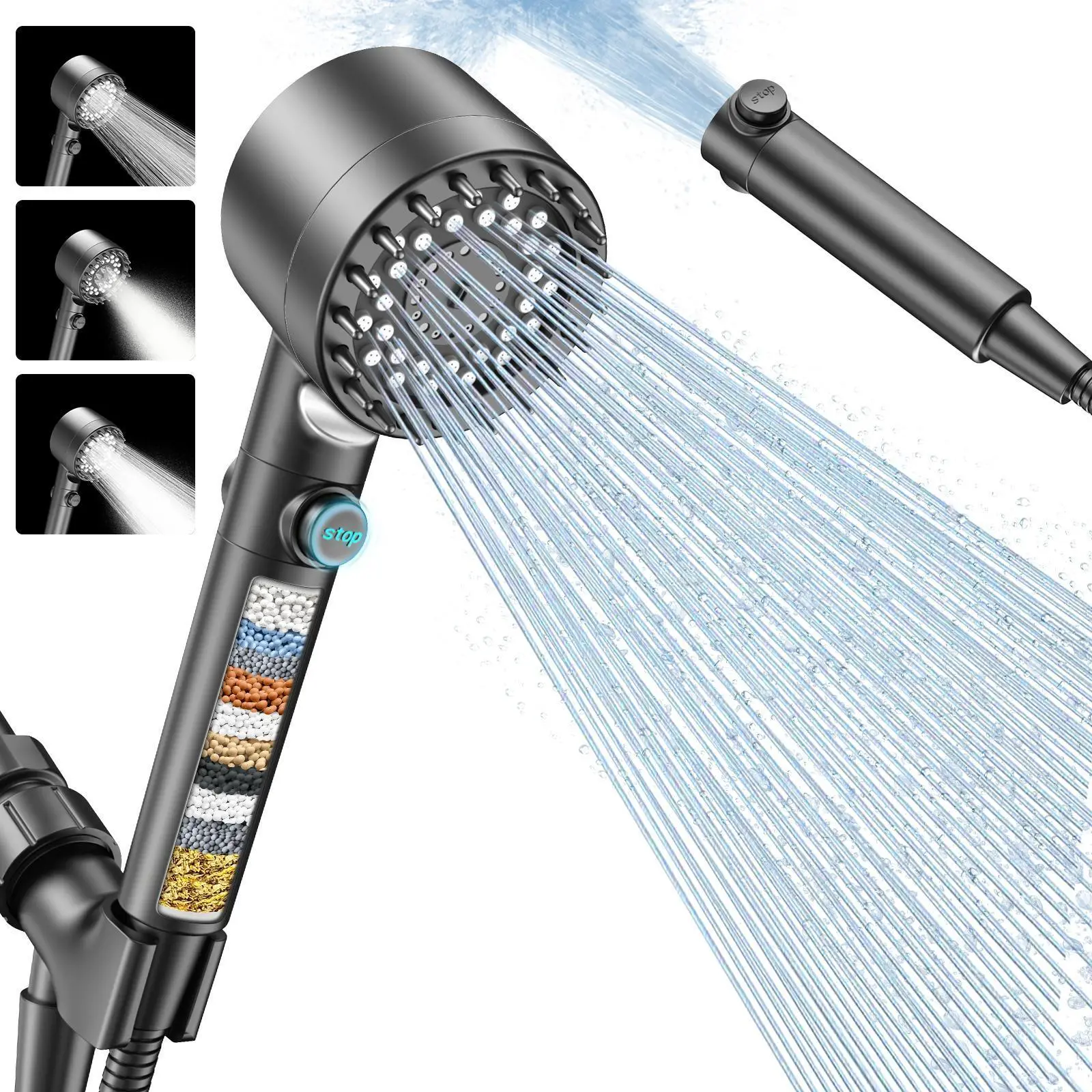 High-Pressure Vitamin C Filtration Handheld Shower Wand - Pressure Showerhead with 4 Spray Modes (Powerwash), Clog-Free Jets, ON/OFF Switch, Hard Water Chlorine Removal for Skin Care, Rain Shower Head, Waterjet Function