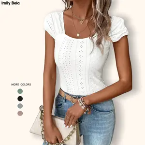 Imily Bela Womens Square Neck Tank Tops Cute Eyelet Cap Sleeve Tee Going Out Slim Fit Backless Shirts