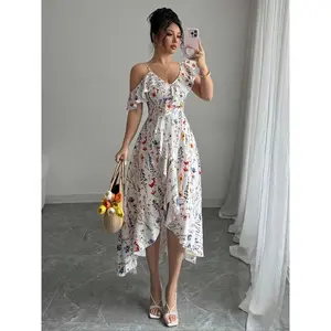 Summer Bohemian style V-neck dress with short sleeves and lightweight long skirt, suitable for beach cocktail parties and any occasionRAIMENTRY
