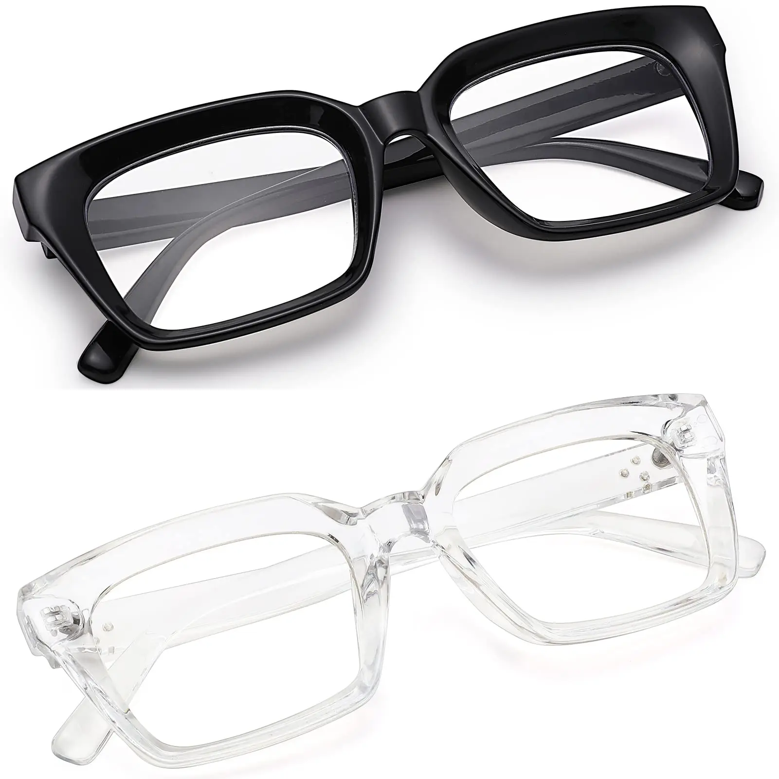 2 Pack Thick Square Frame Eyeglasses，Black Clear & Black Grey Non-Prescription Clear Lens Eyewear for Women. glasses for men