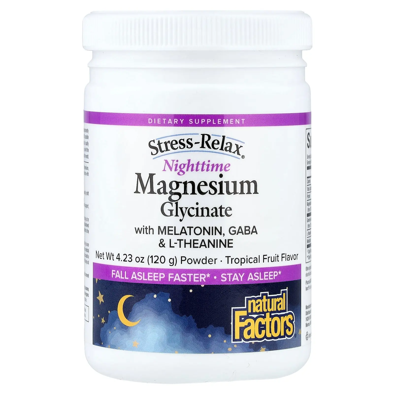 Natural Factors Stress-Relax®, Nighttime Magnesium Glycinate Powder with Melatonin, Gaba & L-Theanine, Tropical Fruit, 4.23 oz (120 g)