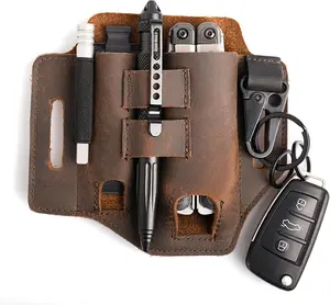 Multitool Belt Sheath, EDC Leather Belt Organizer, Belt Holder with Multitool Pouch, Flashlight Holder, Pen Holder and  Clip, Practical EDC Belt Pouch for Men