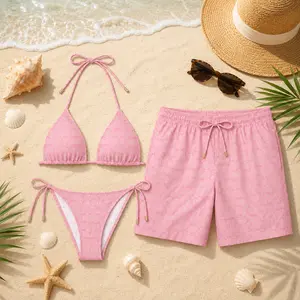 Signature Swim C-Pink Couple Swimwear Set 2026 – Designer Style Bikini & Men’s Swim Shorts, Viral Luxury Beach Vacation Gift