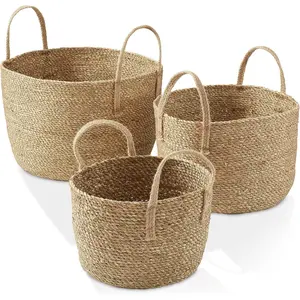 Casafield Set of 3 Braided Seagrass Baskets with Jute Handles - Natural, Woven Storage Basket Planters, Boho Decor for Entryway, Living Room, Bedroom