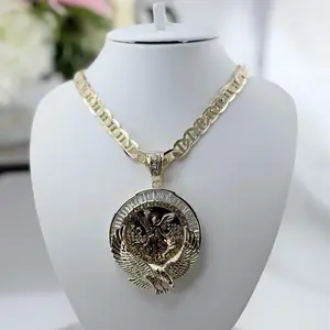 14K Gold Plated 50 Pesos Big Coin with Eagle Pendant for Men 24in GG Chain Luxury Jewelry