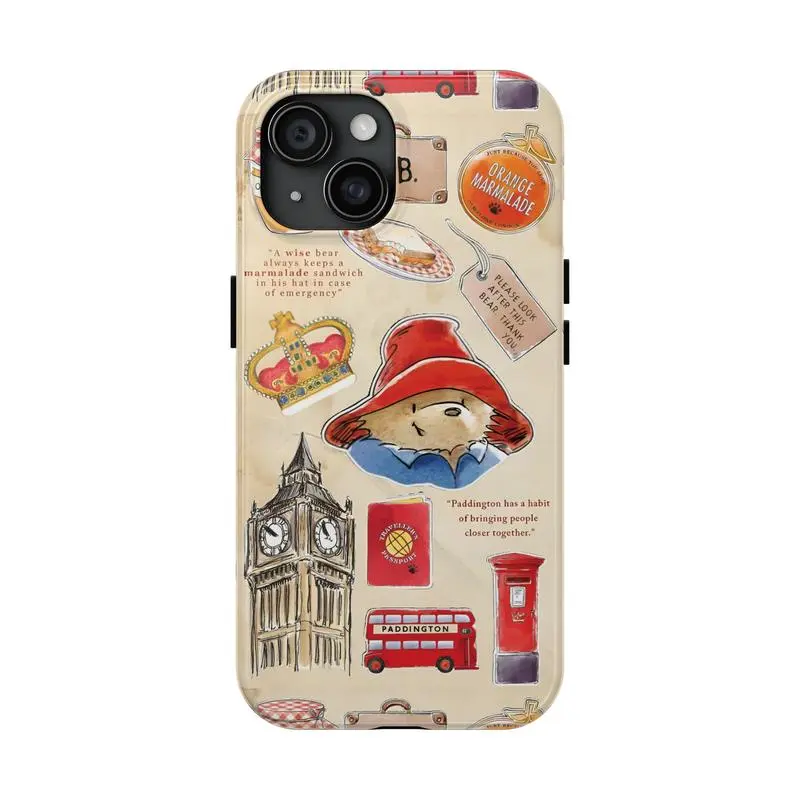 Paddington Bear Vintage Cellphone Case - Dual-Layer Hybrid Shockproof Protection, Durable Travel Collage Full-Print Shell, Cute London Aesthetic Silicone Rubber-PC-TPU Cover for iPhone 11-17 Pro Max/Plus & Samsung Galaxy S23-25 Mobile Accessories