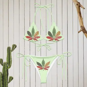 Boho Green Flower Bikini Set – Sexy Two-Piece Swimwear, Hazy Inspired Chill Vibes, Swimsuits for 2025, Bathing Suit for Vacation, Triangle Top for Summer Vacay & Festival Vibes, Plant Lover Outfit