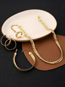 4Pcs Gold Plated Curb Chain Jewelry Set, Dainty Herringbone Necklace Hoop Earrings Bracelet Combo, Fashion Streetwear Gift for Her