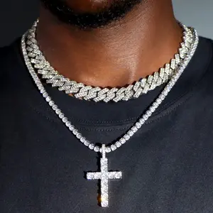 Hip Hop 2-piece Cross Tennis Chain Prong Moissanite Cuban Necklace, Iced-out 2-row Cuban Link Chain, Couple Jewelry for Men and Women