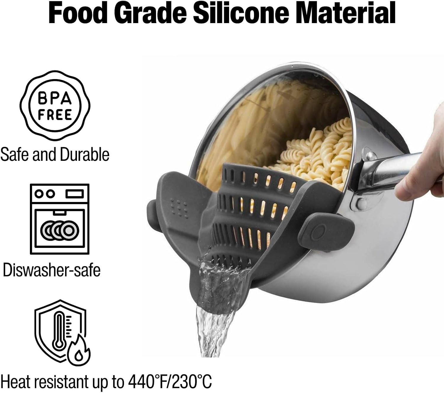 Silicone Pot Strainer, Emptycolor Adjustable Clip On Strainer for Pots Pans, Heat Resistant Pot Drainer, Kitchen Pasta Colander for Vegetables and Noodles (Grey)