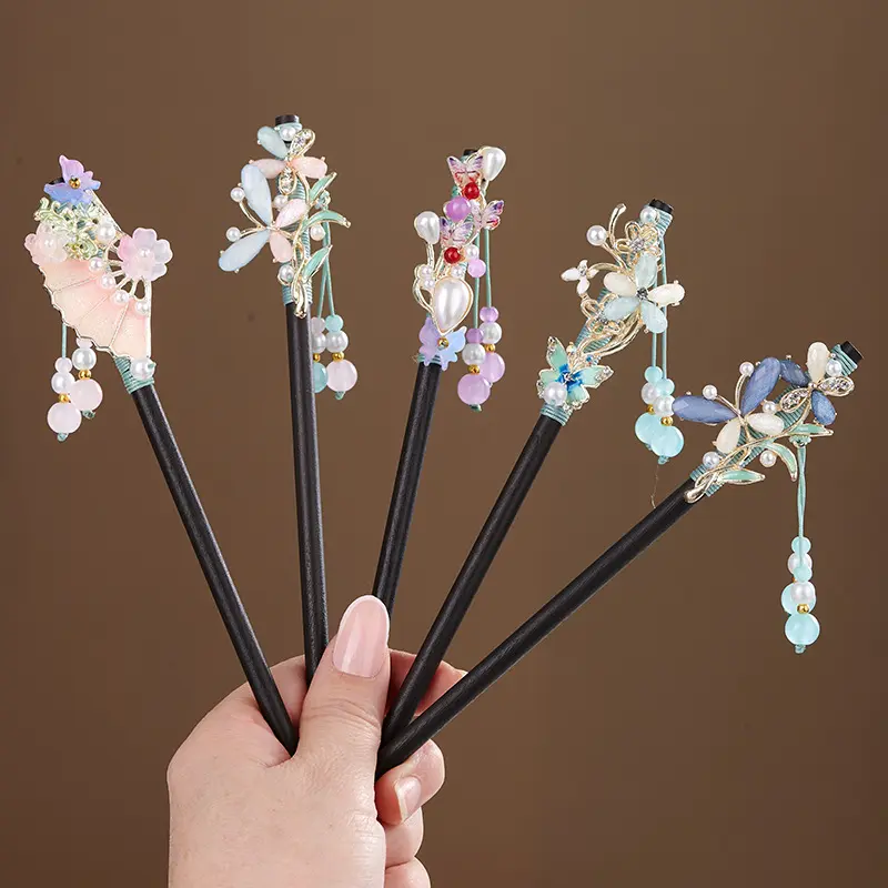 New Chinese Imitation Ebony Hair Stick For Women, Vintage Hanfu Qipao Tassel Step Shake Hairpin, Floral Fan Butterfly Dangle Wood Hair Fork, Elegant Oriental Updo Hair Accessory For Cosplay Daily Wedding