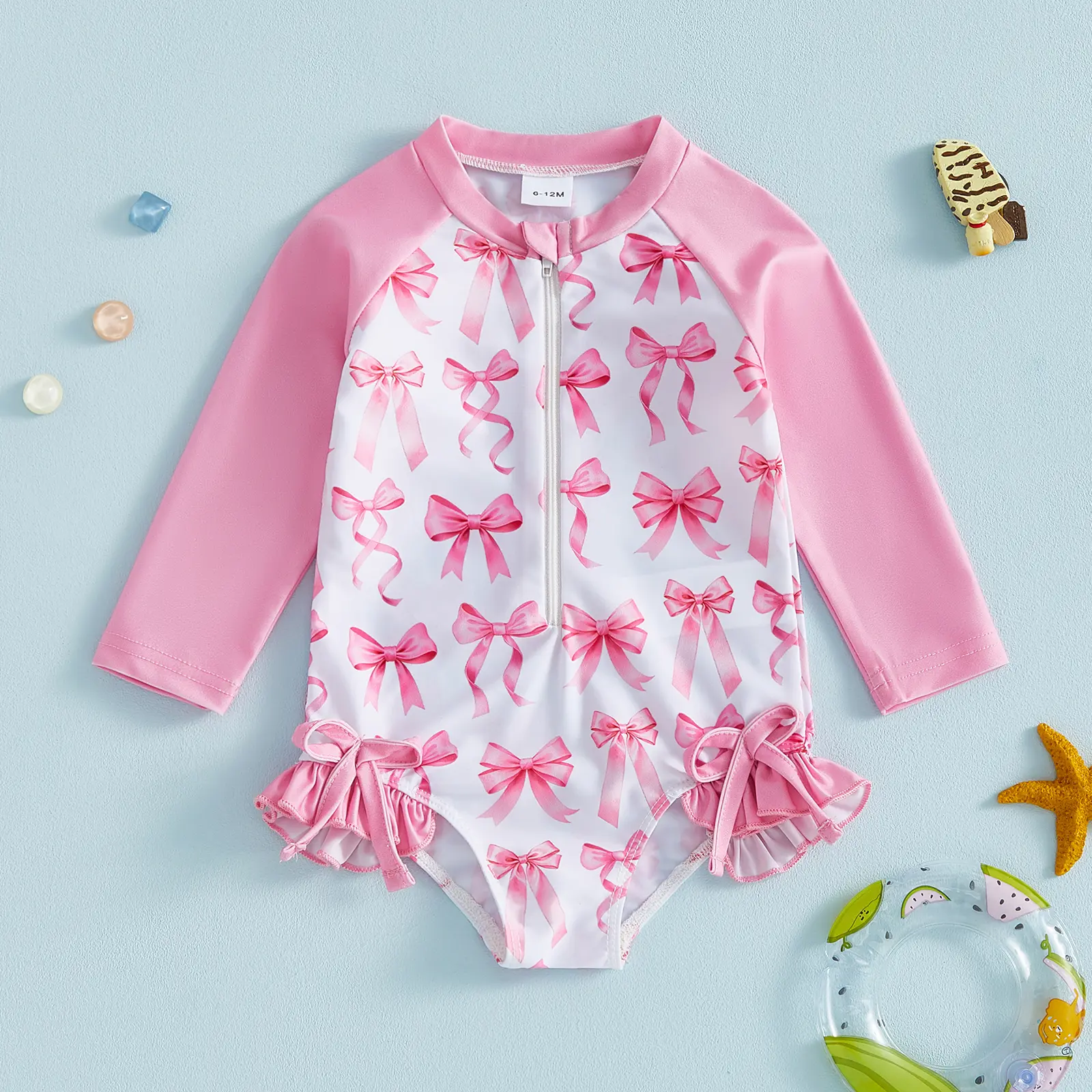 Meihuida Toddler Girls Swimsuit Rash Guard Bow Print Long Sleeve Baby Girl Bathing Suit  Swimwear Little Kids Beach Outfit
