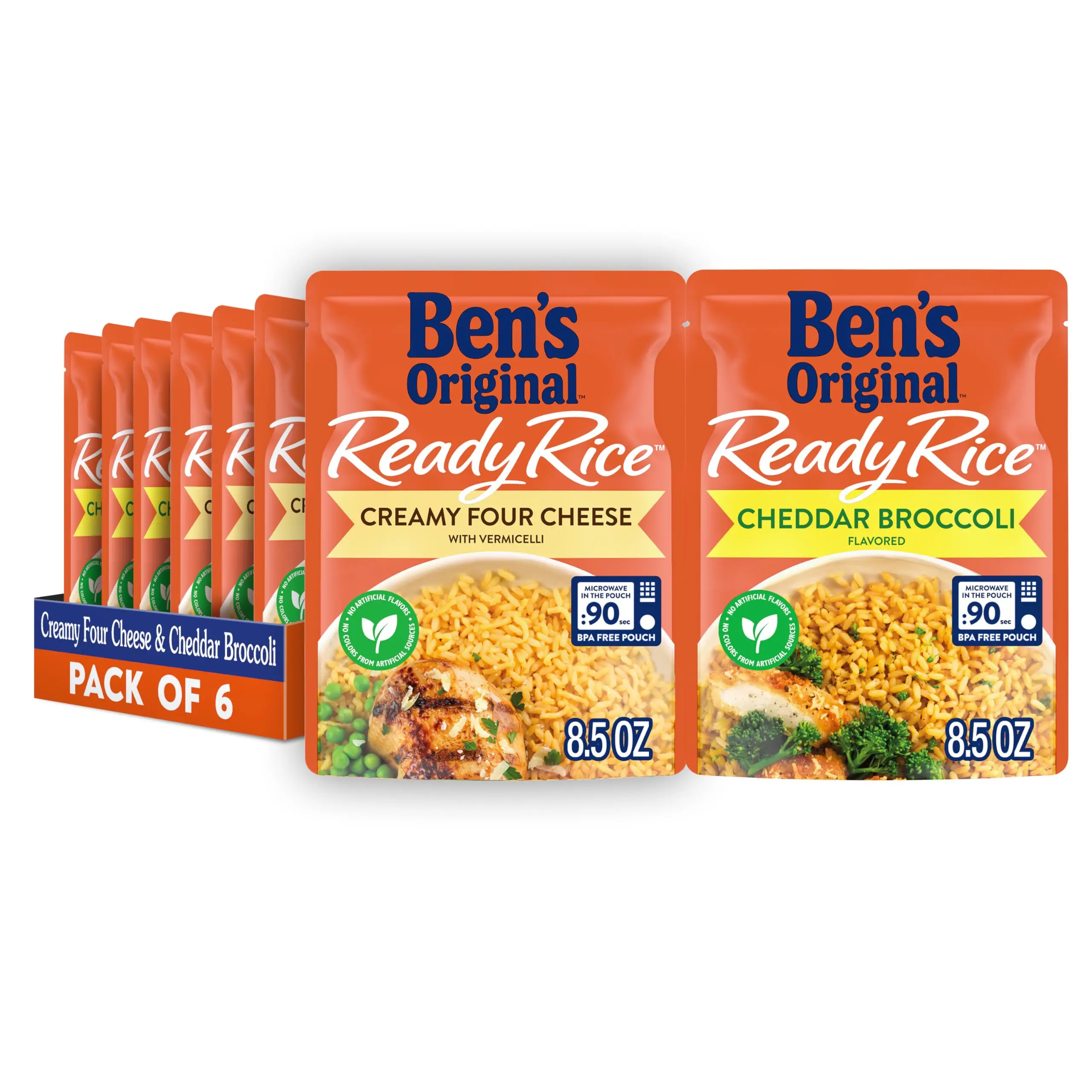 Ready Rice Variety Pack with Creamy Four Cheese and Cheddar Broccoli Flavors, Microwave Rice Pouches, 6 Pack, 8.5 oz