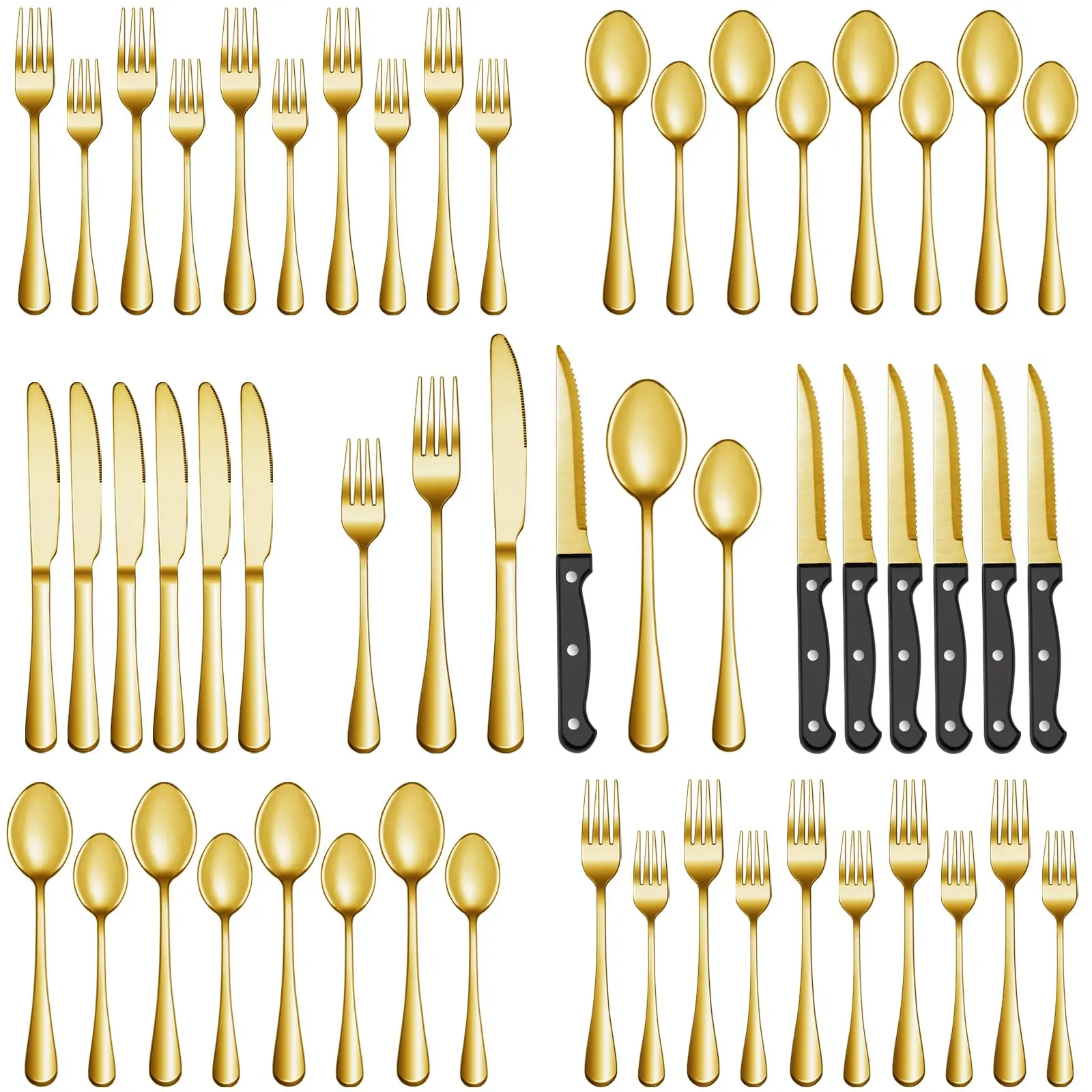 304 Stainless Steel 48-Piece Adult Cutlery & Tableware Set (Serves 8, Sawtooth Blade Steak Knives, Oval Shape) - Dinner Forks, Knives, Soup Spoons, Teaspoons, BPA Free, Chip Resistant, Dishwasher Safe, High Temperature Resistant - Gold Dining Set