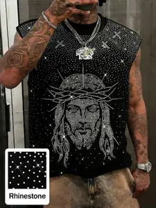 Men's Casual Loose Fit Sleeveless Vest, Jesus Full Diamond Graphic Design Short Sleeve Top, Bold Edgy Style, Perfect for Daily Wear, Street Style and Streetwear, Casual Summer Clothes