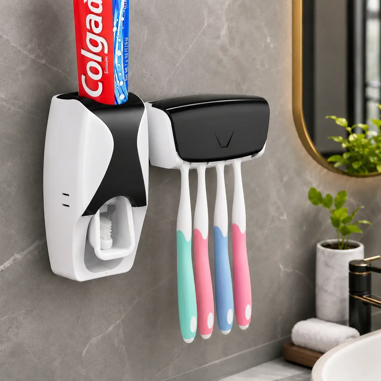 Wall Mounted Toothpaste Dispenser & Toothbrush Holder Set | Automatic Toothpaste Squeezer Bathroom Organizer for Kids & Family, Black Toothbrush Storage Toothbrush Protector Bathroom Accessory