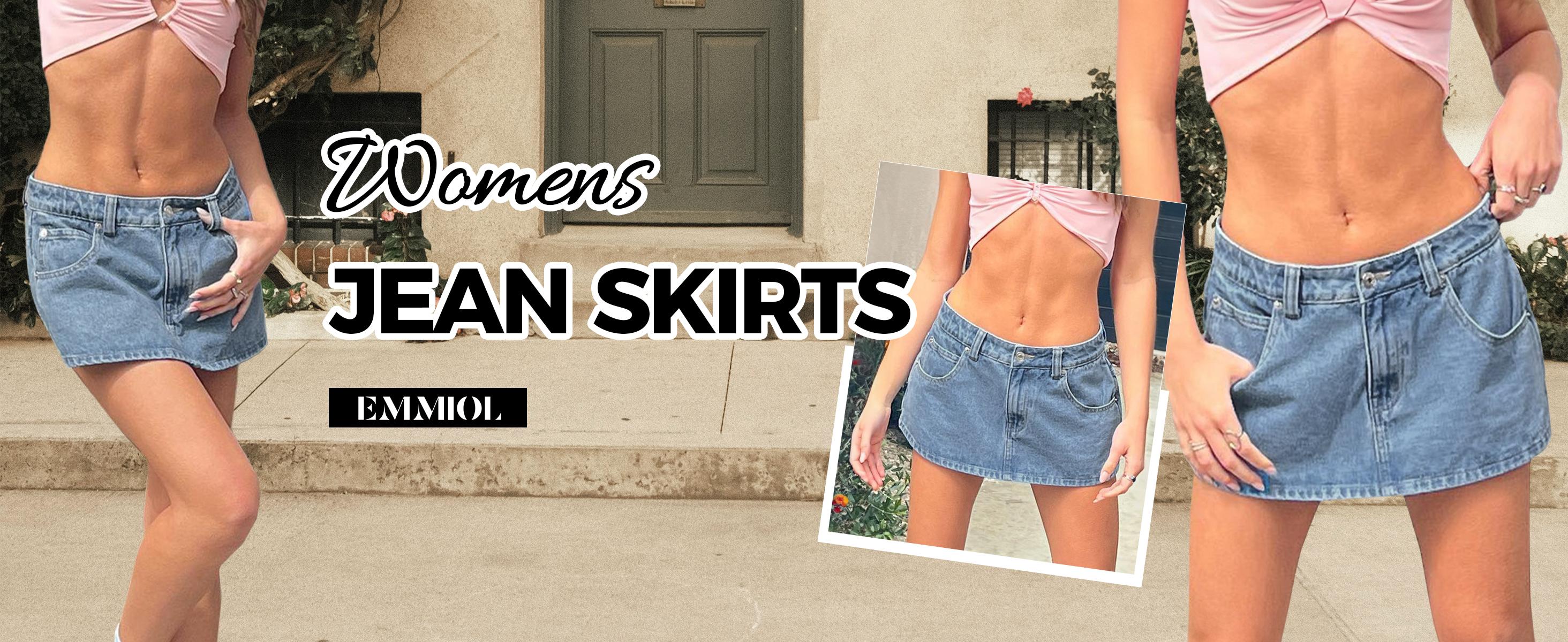 EMMIOL Vintage Blue Fit Denim Mini Jean Skirt for Women - Casual Style Regular Fit Above Knee Cotton Material Multi Belt Loops No Sheer Material Chic Womenswear Machine Washable - Bottom