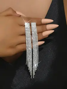 Elegant Rhinestone Decorated Tassel Design Dangle Earrings, 2024 New Style Exquisite Trendy Dangle Earrings, Fashionable Jewelry for Women for Daily & Party Decoration, High Quality Earrings