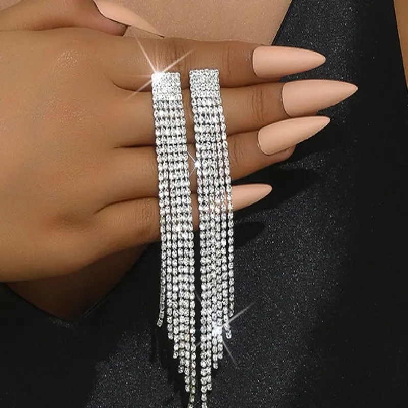 Elegant Rhinestone Decorated Tassel Design Dangle Earrings, 2024 New Style Exquisite Trendy Dangle Earrings, Fashionable Stylish Jewelry for Women for Daily & Party Decoration, High Quality Dangling Earrings