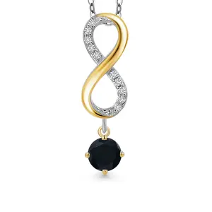 Gem Stone King 925 Silver and 10K Yellow Gold Black Onyx and Lab Grown Diamond Pendant Necklace for Women | 1.03 Cttw | Gemstone December Birthstone | Round 5MM | With 18 Inch Chain