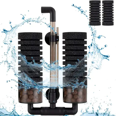 hygger Aquarium Double Media Filtration Tank Filter - Ultra-Quiet, Uncharged, Aquarium-Safe for S/M Fish Tanks, 4-Sponge Replace Component, Ceramic Balls Bag, Clean Water Support