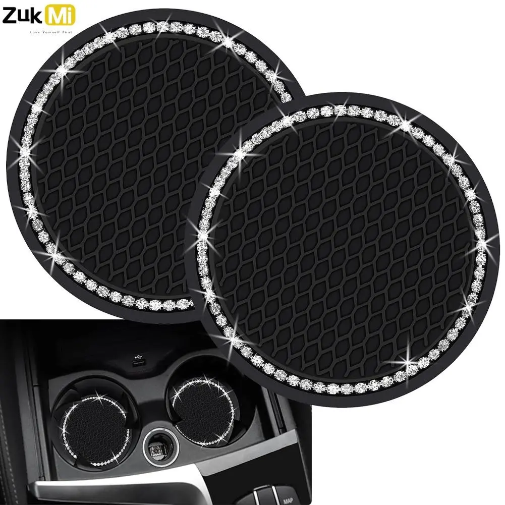 Car Cup Coaster, Universal Vehicle Artificial Rhinestone Decor Cup Coaster Holder Insert, Anti Slip Silicone Car Accessories Cute for Most Car Interior, Car Interior Accessories Girls