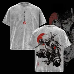 Washed retro Naruto anime loose-fitting street style T-shirt, Kakashi Hatake T-shirt, Sharingan ninja pattern, unisex, heavyweight pure cotton top, a gift for anime and manga fans.