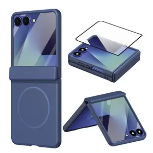 For Samsung Z Flip 5/6/7 Magnetic Foldable Case, Casing, Full Coverage Protective Cover with Tempered Glass Screen Protector, Strong Magnet Compatibility